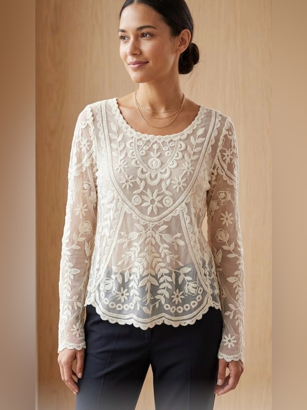 Rewind Sheer Crochet Lace Floral Embroidered Long Sleeve Blouse Scallop Trim